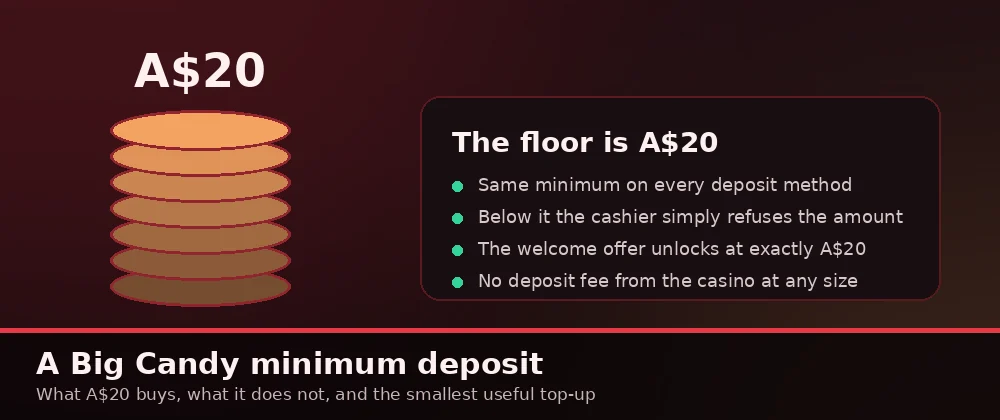 The A Big Candy minimum deposit is A$20 on every payment method