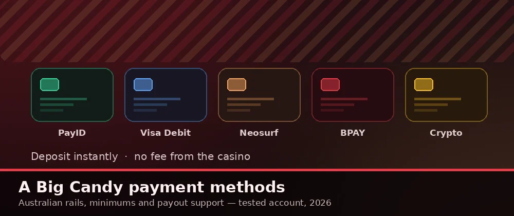 A Big Candy payment methods for Australia: PayID, Visa Debit, Neosurf, BPAY and crypto