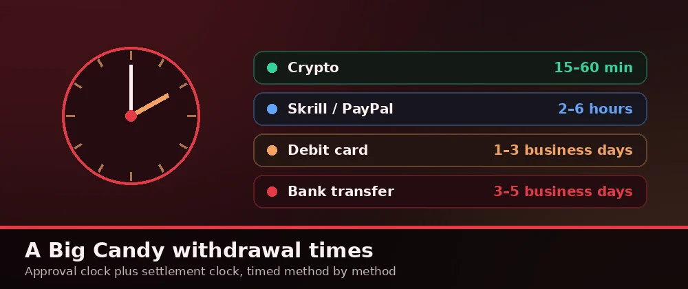 A Big Candy withdrawal times by method: crypto, wallets, debit card and bank transfer